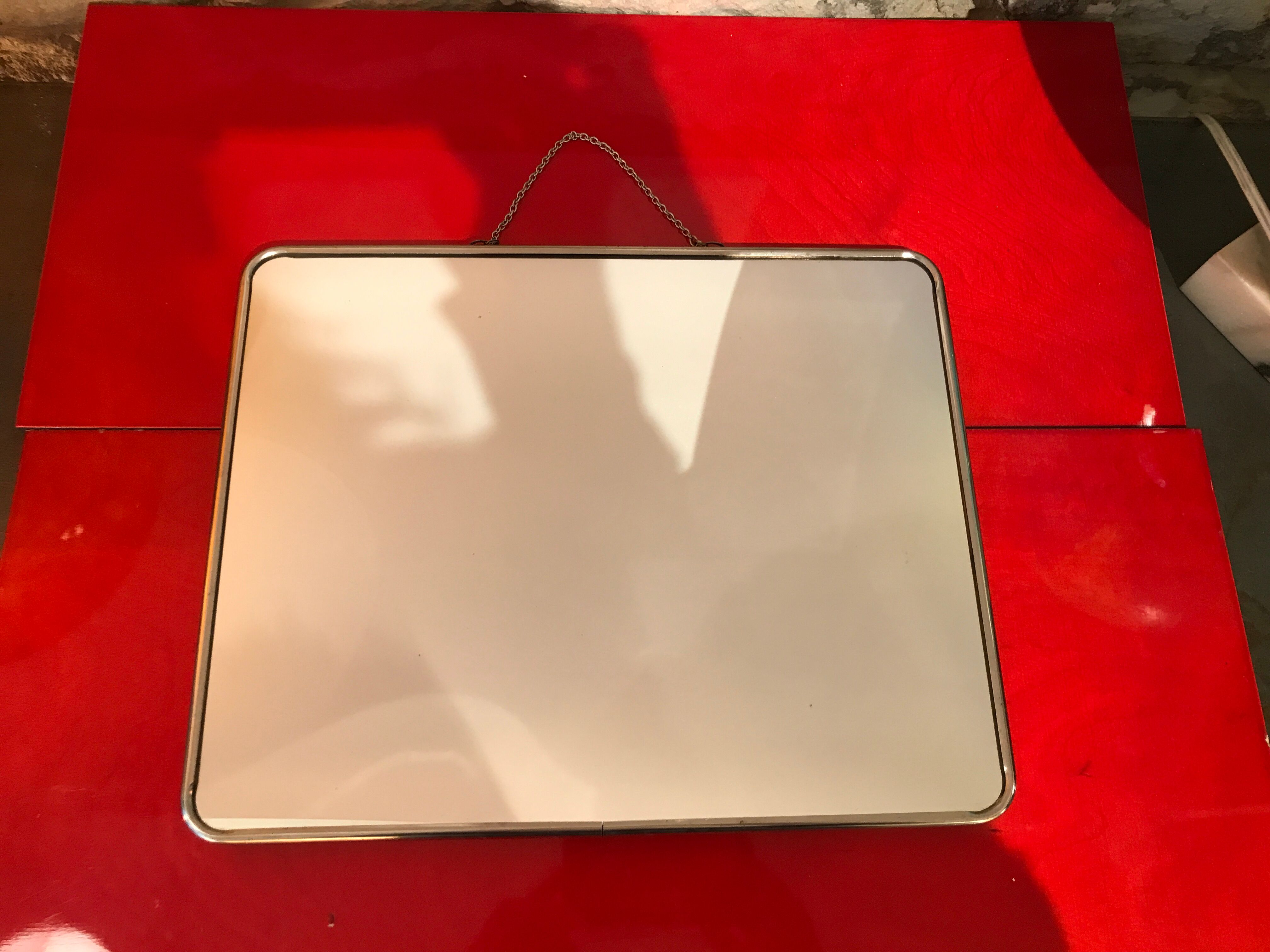 Barber mirror 30 x 24 chrome with vintage chain 1960 60