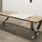 Ceramic coffee table and brushed steel Roche Bobois design Gregorieff 70s, 108x47cm