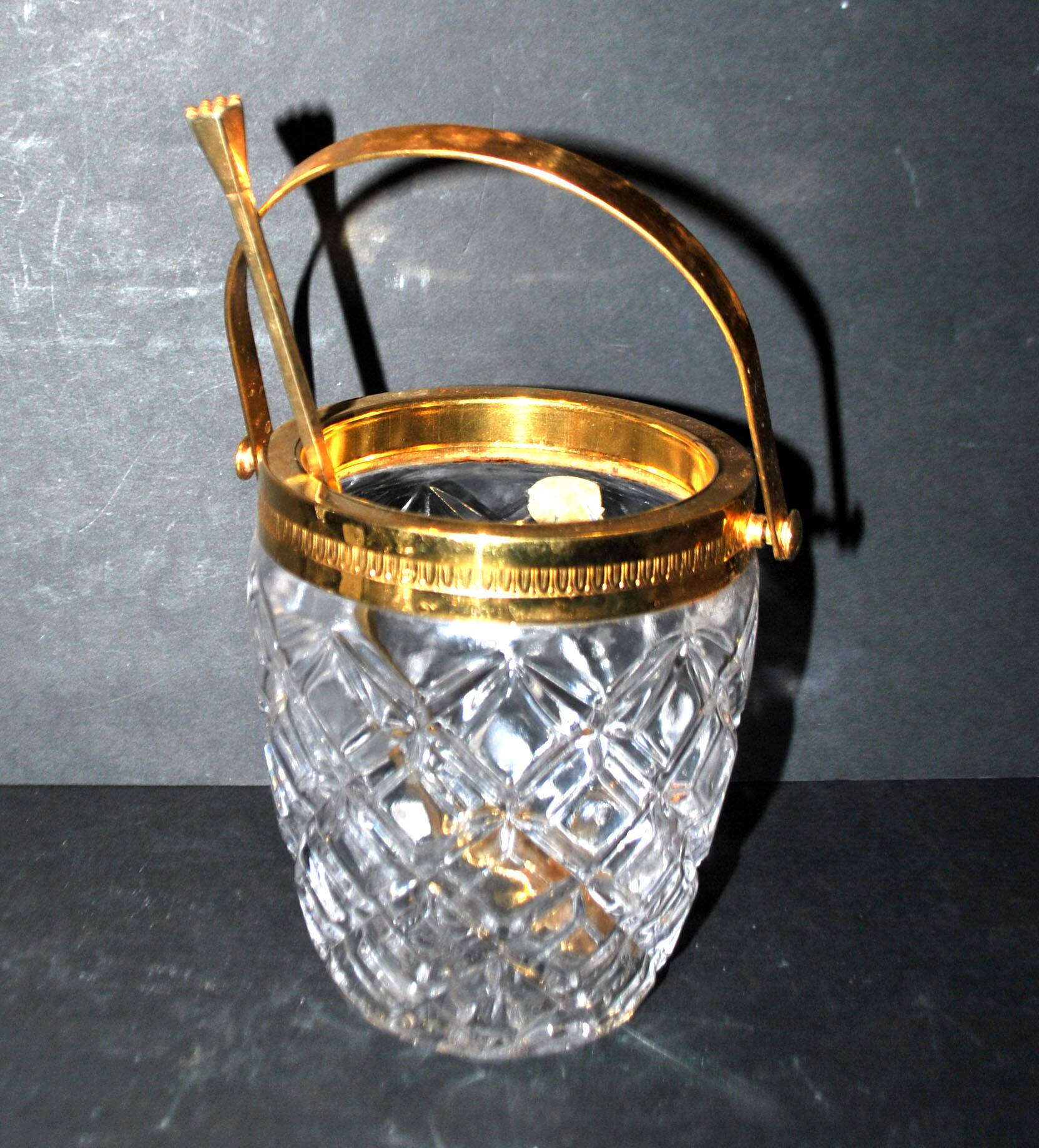 Vintage crystal ice bucket and gold frame "cristal ga" and cocktail ice cube spoon
