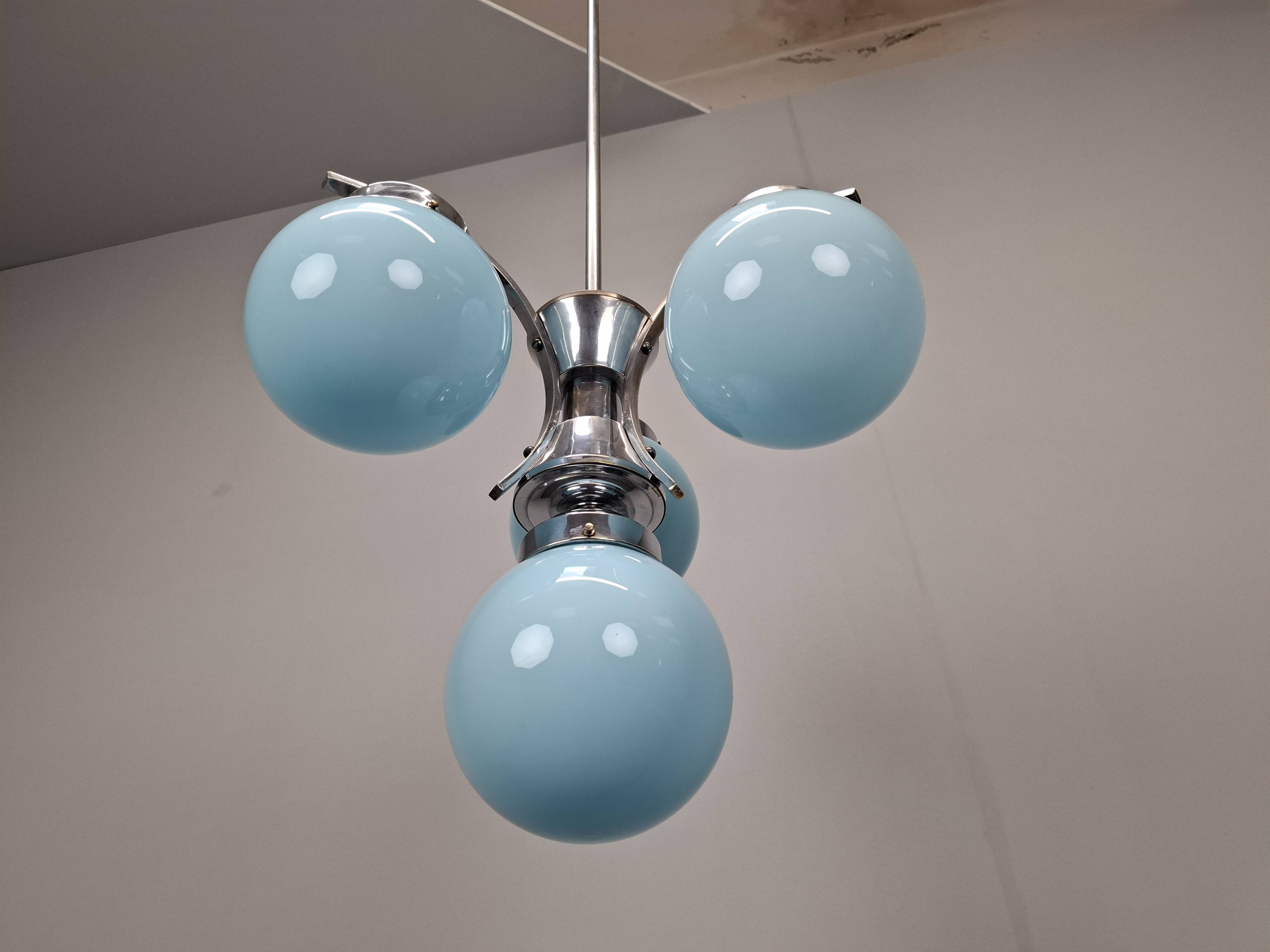 1930s Czech Art Deco Blue Opaline Glass and Chrome Four-Light Chandelier