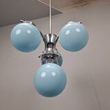 1930s Czech Art Deco Blue Opaline Glass and Chrome Four-Light Chandelier