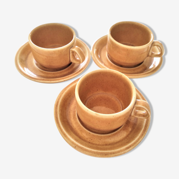 Lot de 3 tasses à café empilables avec sous tasses en gres vintage