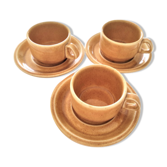 Lot de 3 tasses à café empilables avec sous tasses en gres vintage