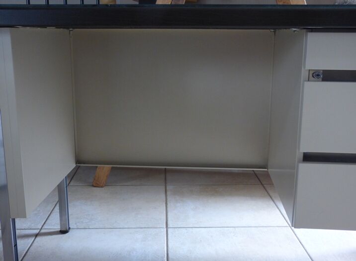 Industrial metal desk from the 70s with three drawers and glass top