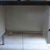 Industrial metal desk from the 70s with three drawers and glass top