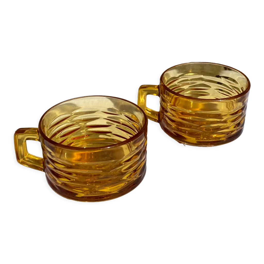 2 Tasses à Déjeuner Vereco Couleur Ambre - Vintage Années 70 - Avec Soucoupes - Bon état Occasion - Fabriqué En France