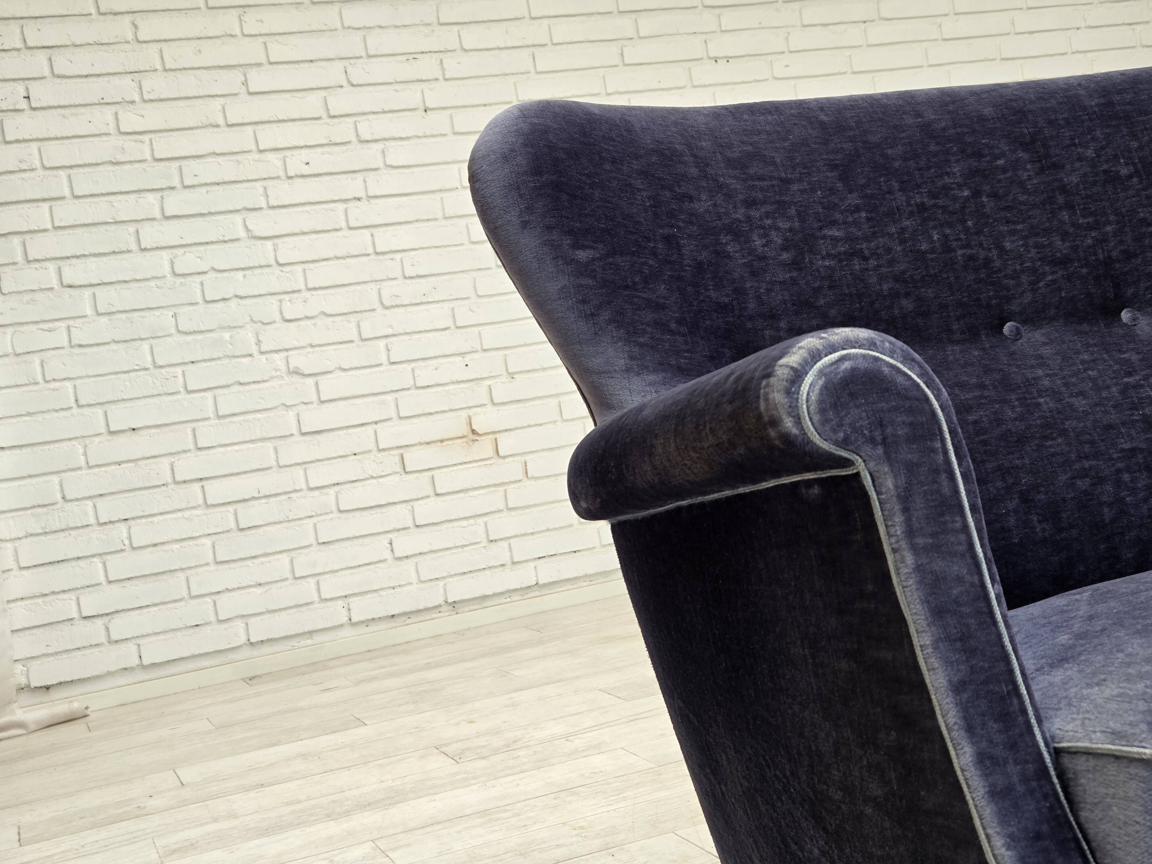 1960s, Danish 2-seater sofa, original blue furniture velour, beech wood.