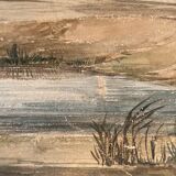 Tableau aquarelle "Paysage avec Abbaye village et pâturage" XIX° siècle