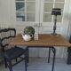 Table, tubular pedestal metal gray slate, oak tray marked