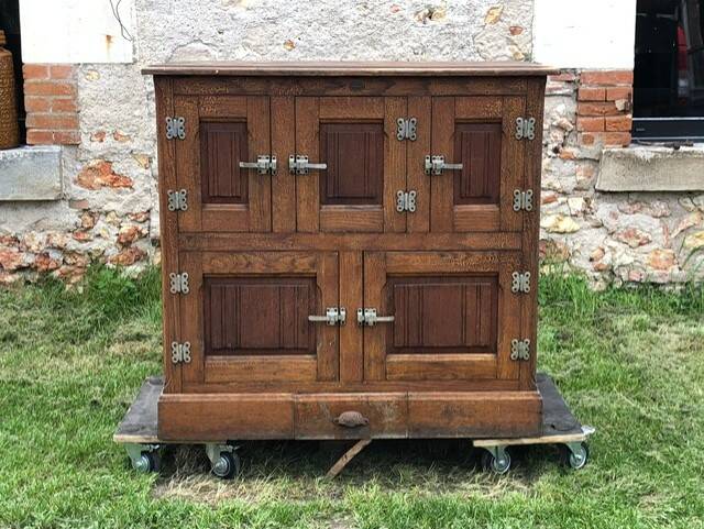 Storage unit, vintage icebox unit, wooden and zinc fridge unit, bar