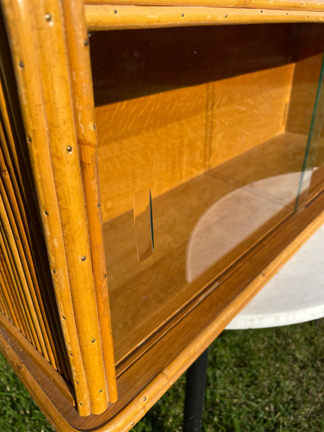Vintage wall display case 1950 oak and wicker
