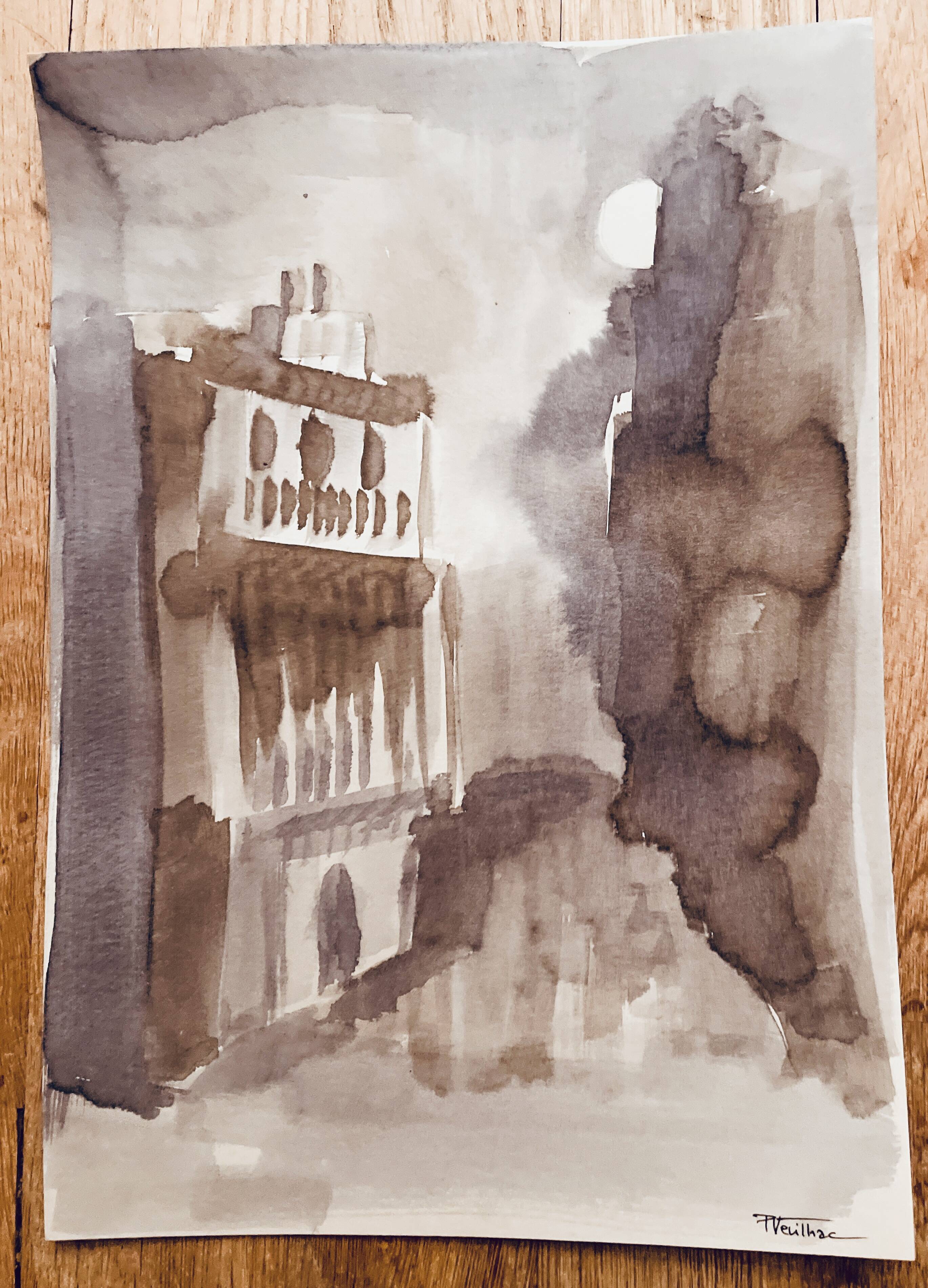 Signed watercolour monochrome sepia Moonlight over Tangier