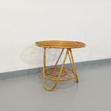 Round coffee table with 60's vintage rattan magazine tray
