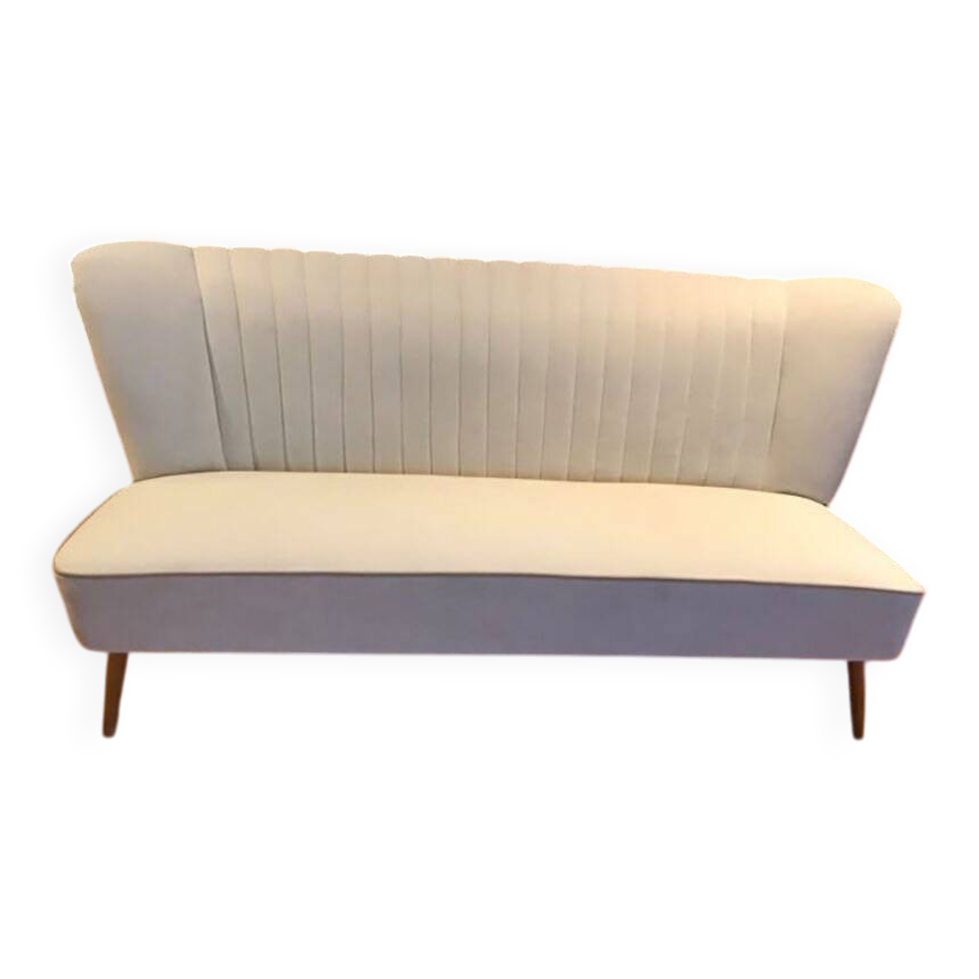 Mid-Century 1950s style two-seater canapé with cream fabric and solid beech.