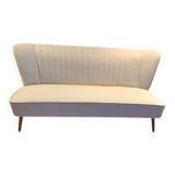Mid-Century 1950s style two-seater canapé with cream fabric and solid beech.