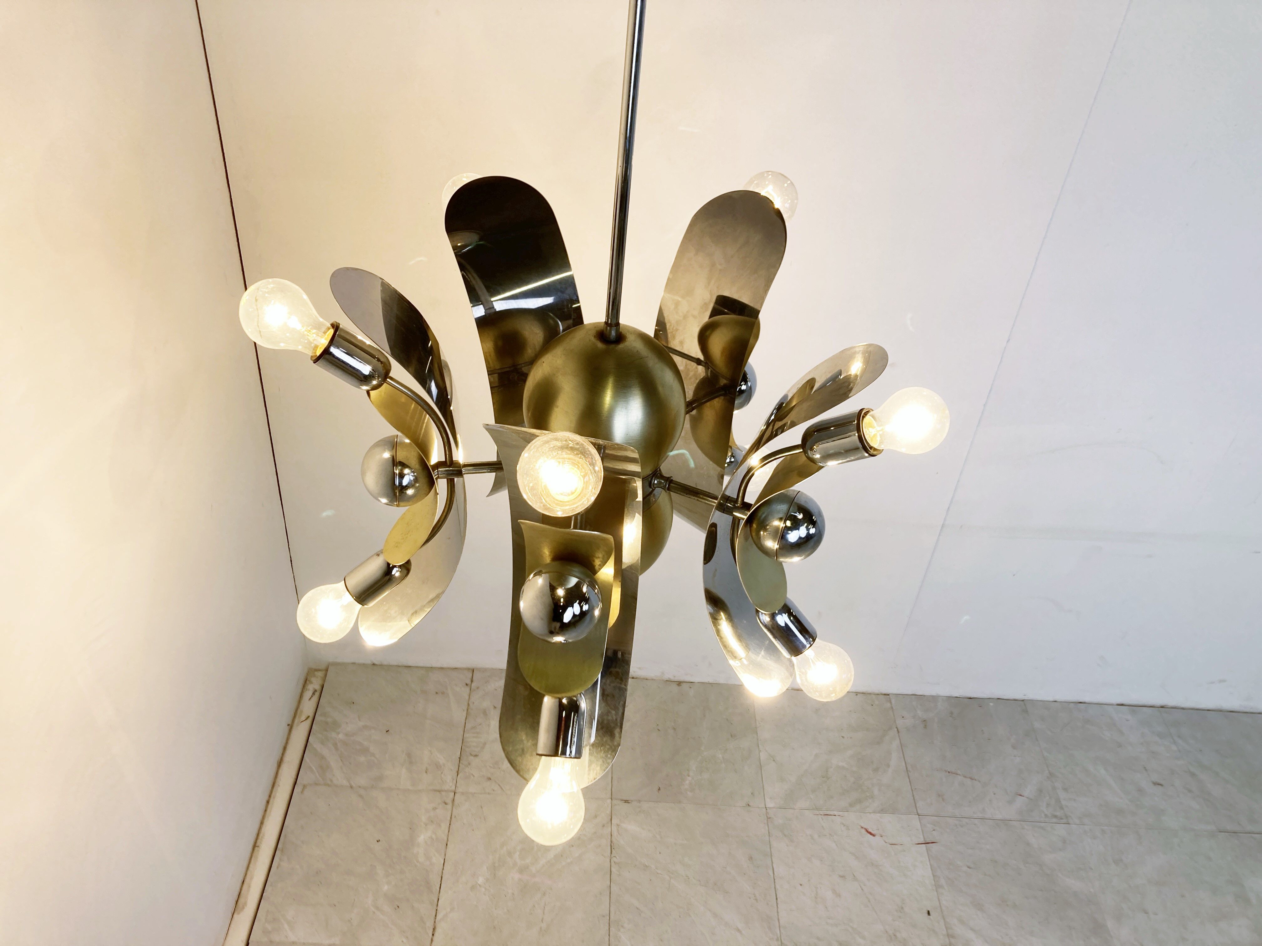 Vintage italian chrome and brass chandelier, 1970s