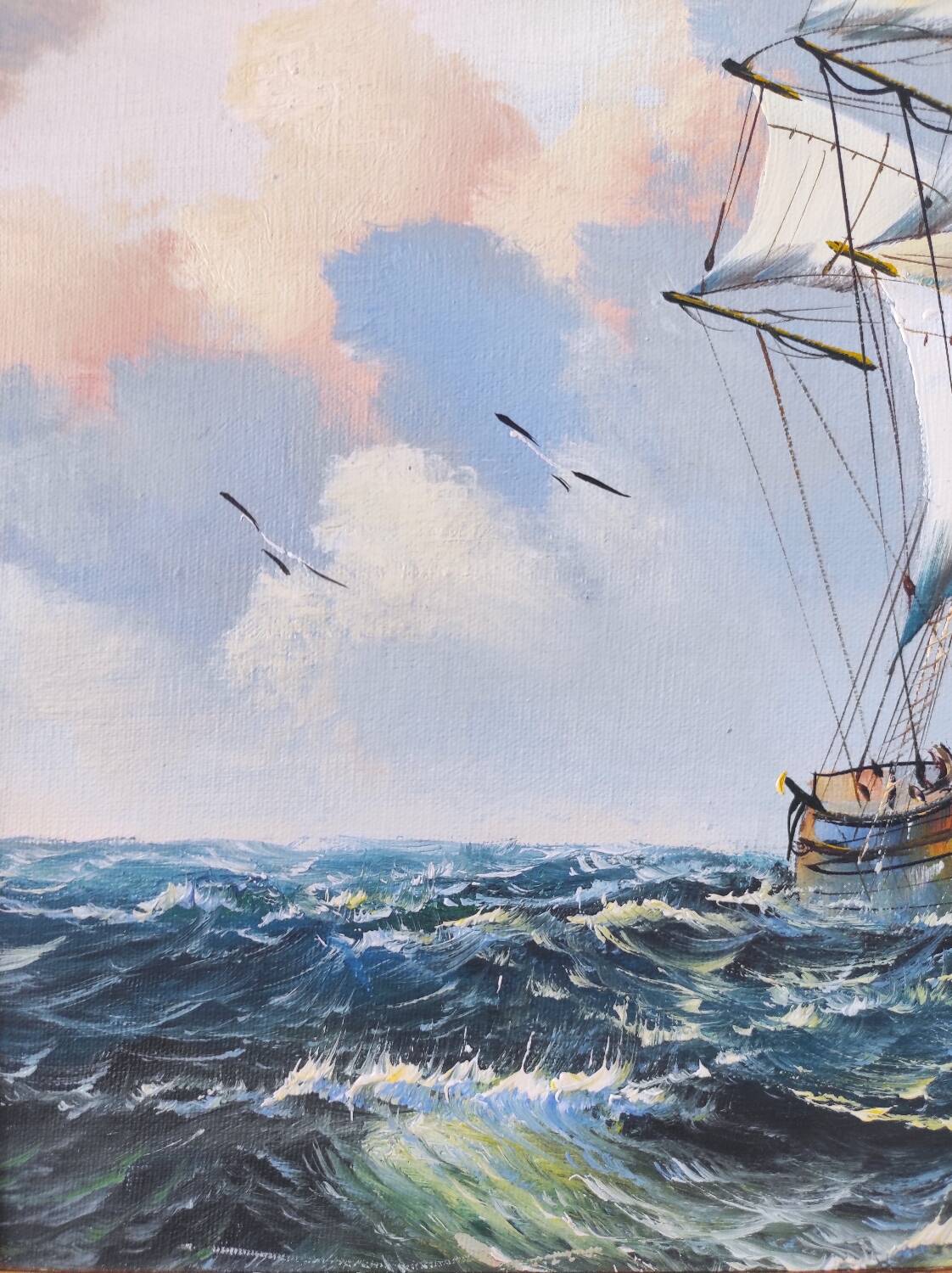 Vintage painting on canvas "Marine / Sailboat" signed Simon