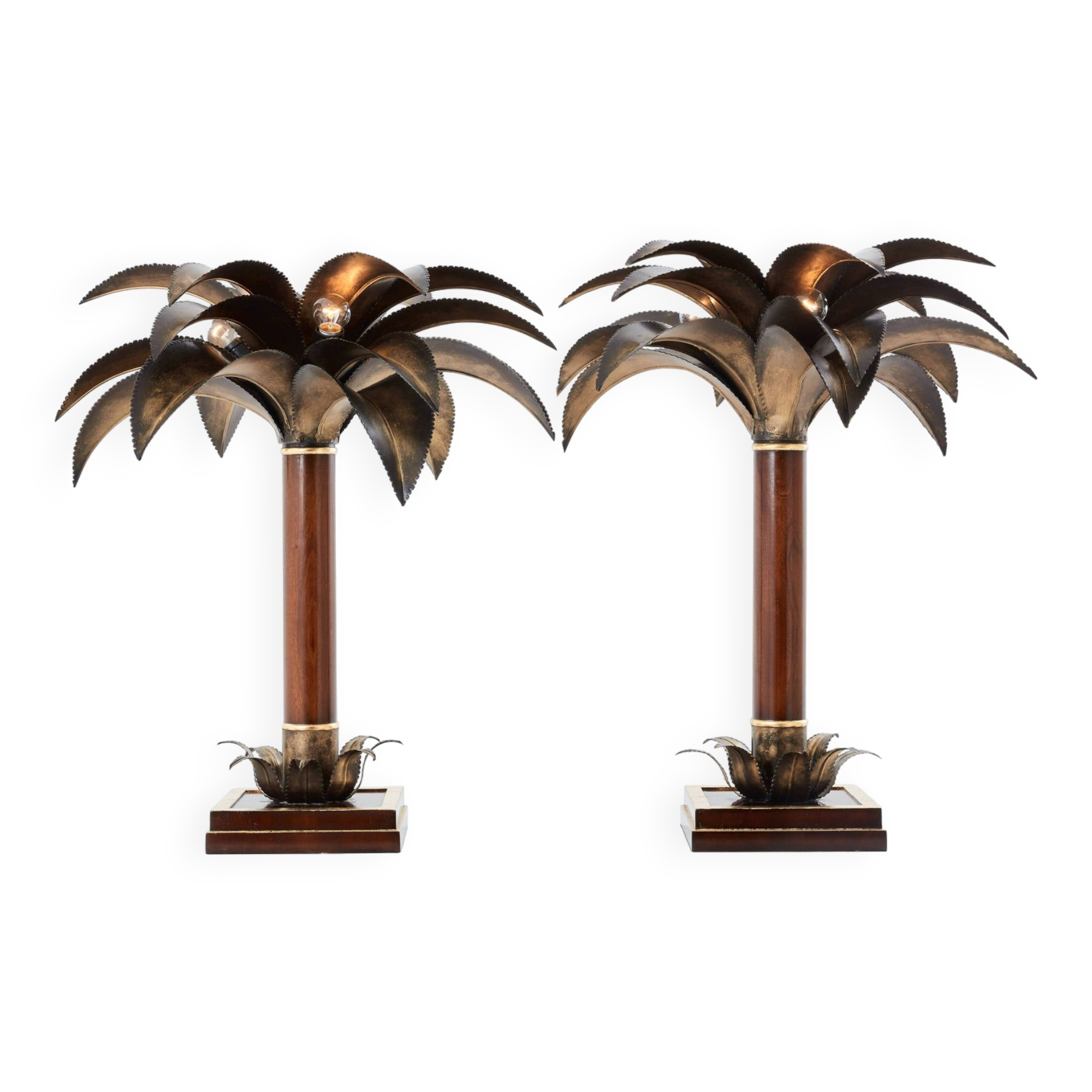 Maison Jansen style pair of bronze mahogany palm tree lamps 1960s