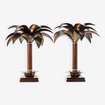 Maison Jansen style pair of bronze mahogany palm tree lamps 1960s