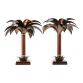 Maison Jansen style pair of bronze mahogany palm tree lamps 1960s