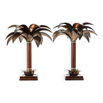 Maison Jansen style pair of bronze mahogany palm tree lamps 1960s