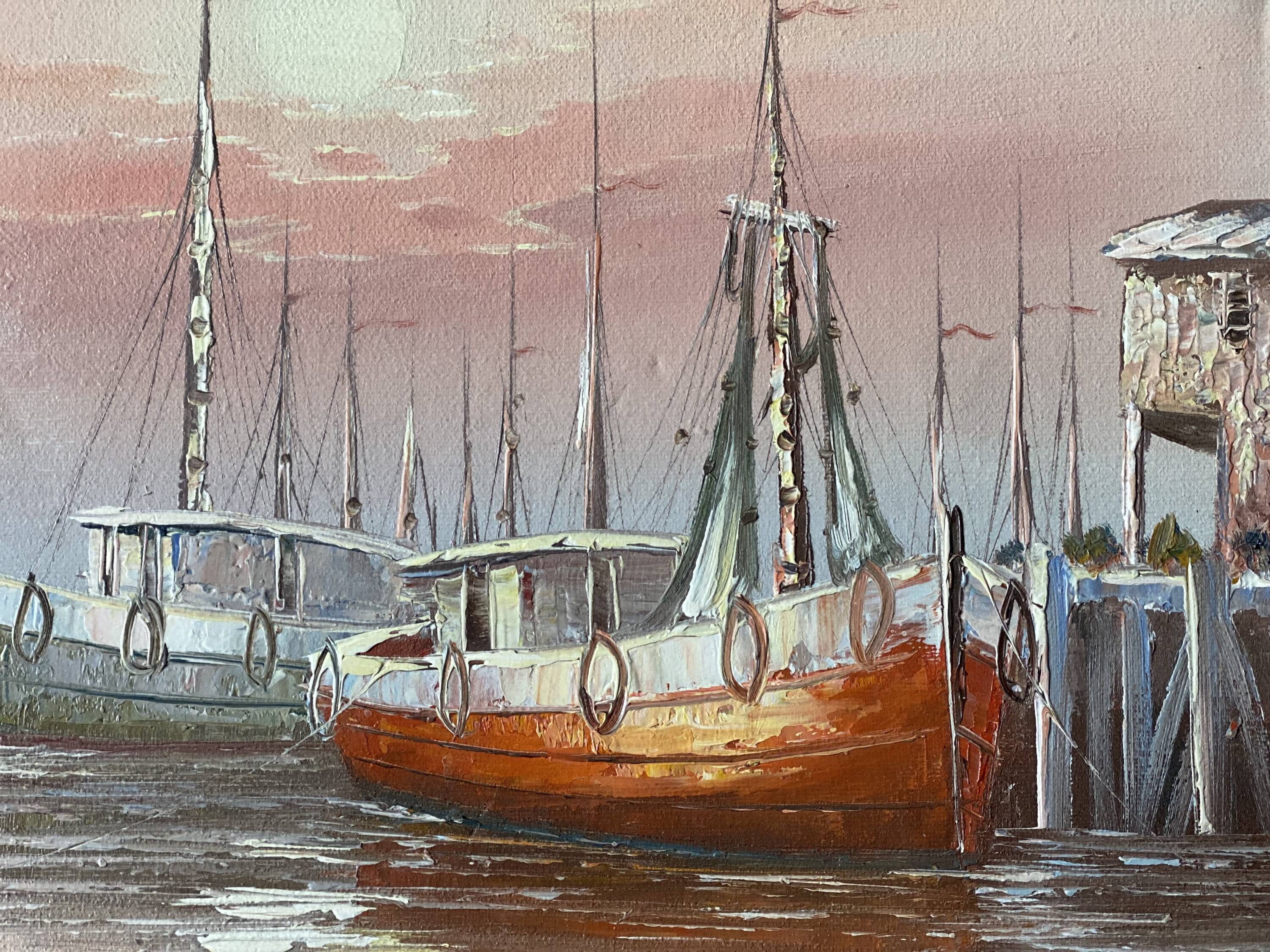 Painting signed Martin, vintage fishing boats 1970