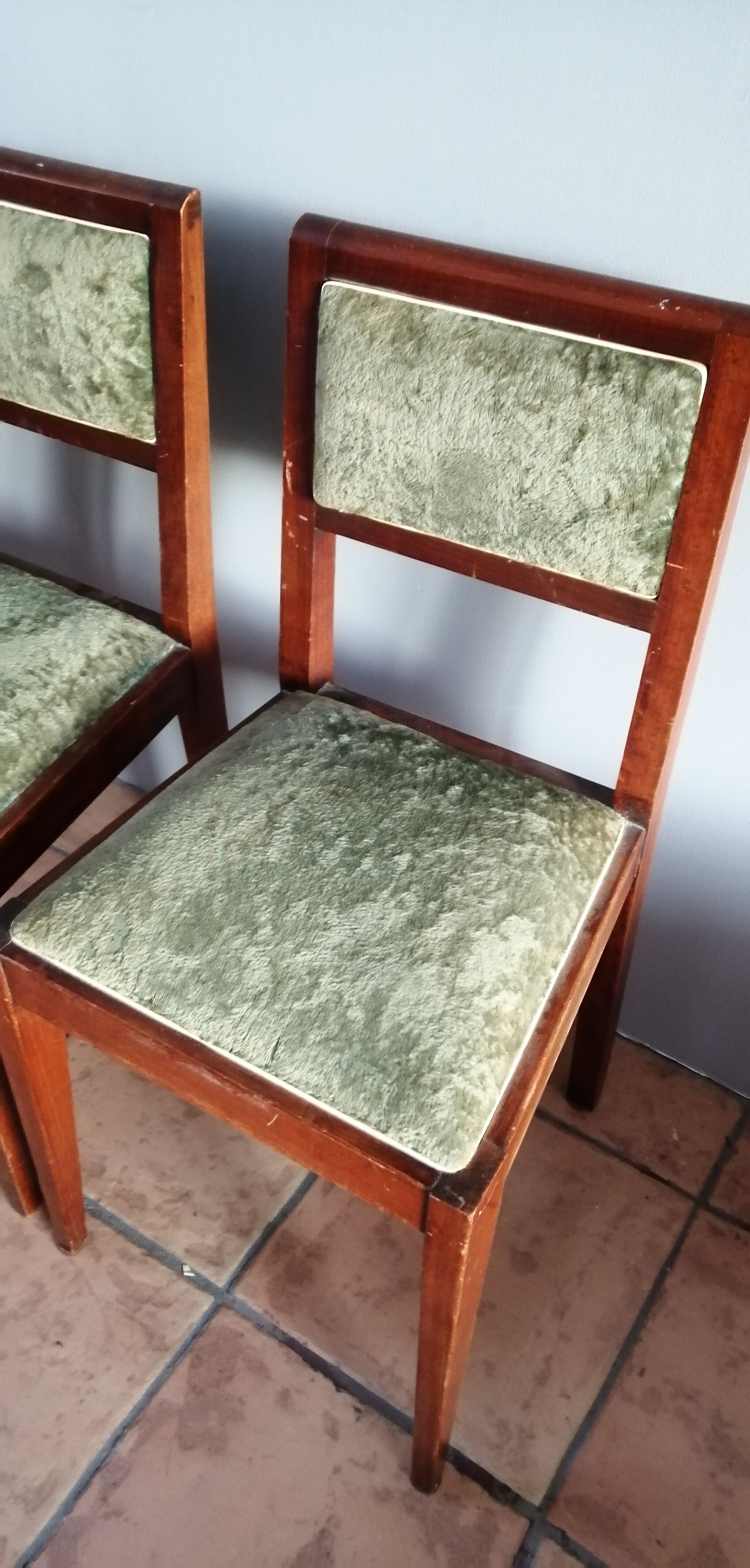 Pair art deco chairs in green velvet