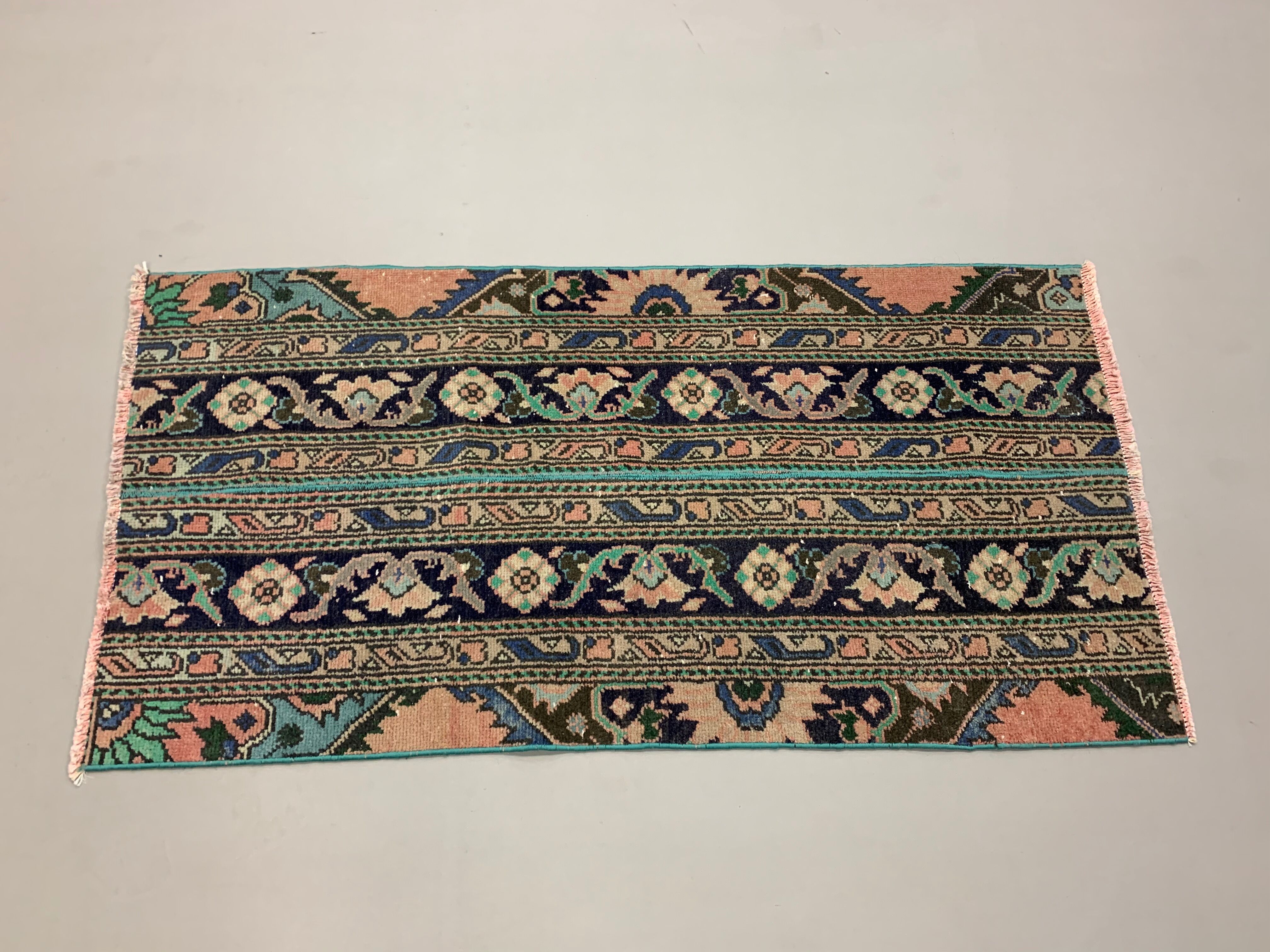 Distressed Turkish Rug 130x67 cm Vintage Shabby, Runner, Green, Brown Small