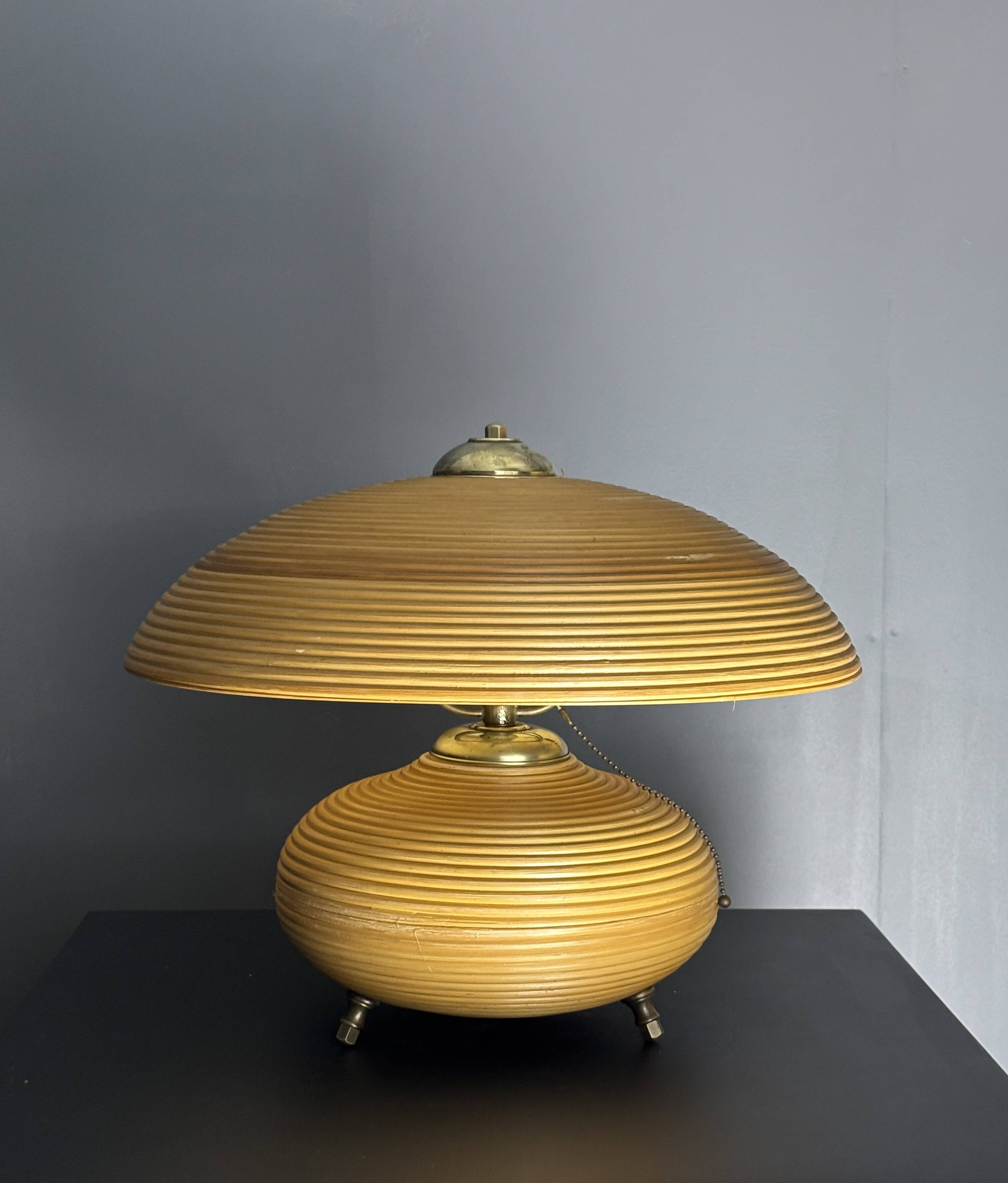 Pencil Reed Rattan Bamboo and Brass Mushroom Table Lamp, Italy, 1970s