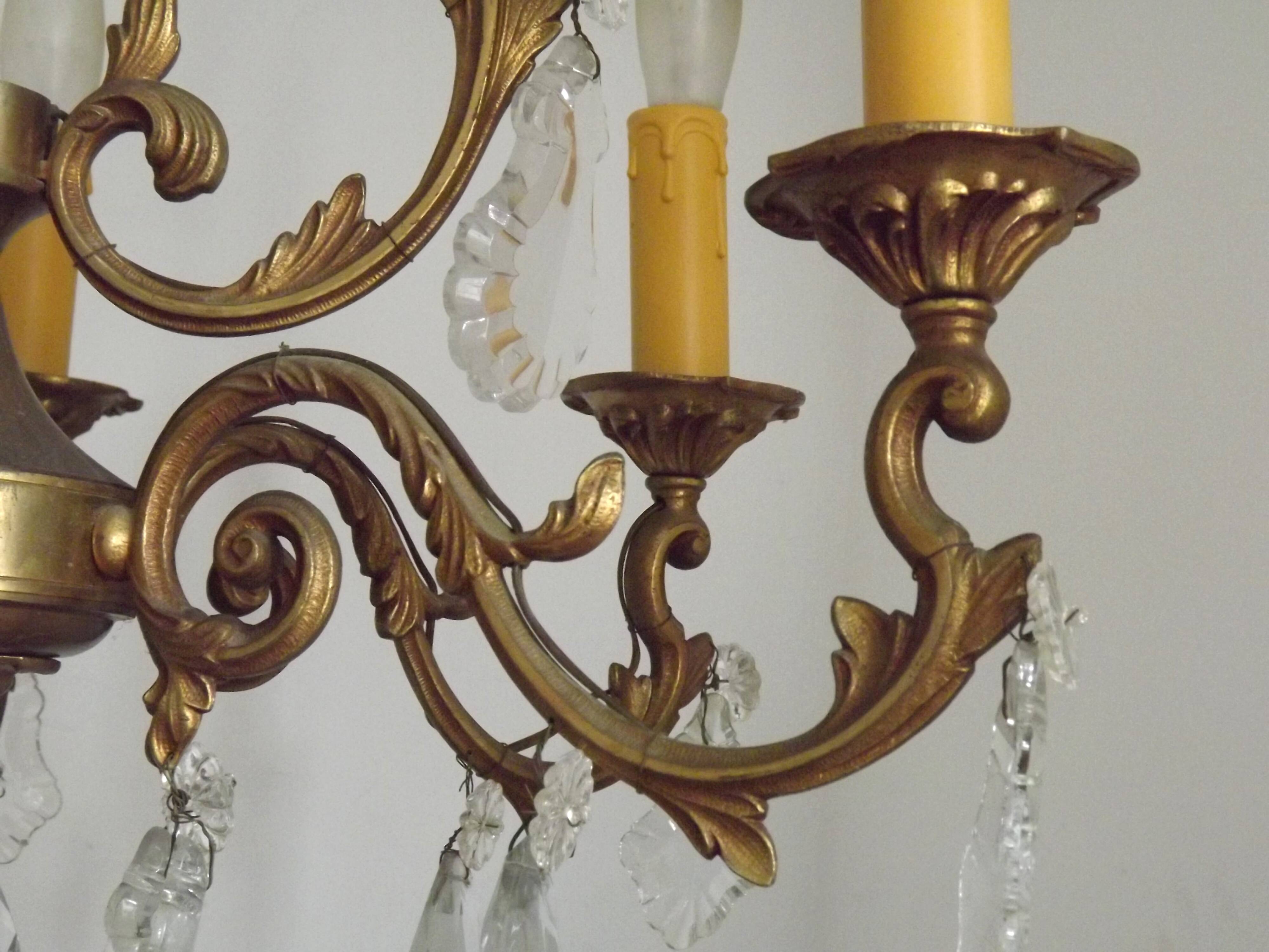 Large French Art Nouveau Acanthus 6 Light Bronze & Crystal Cage Chandelier