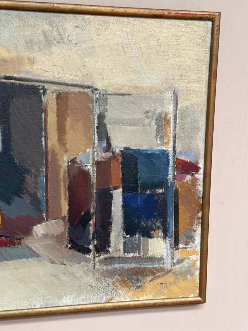 Large original Swedish oil on canvas - 'Blue Bottle and Books' by Gustav Adolf Johansson - 1962 - vintage and framed