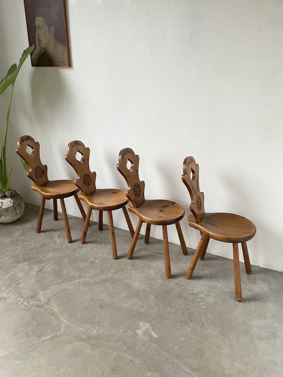 Set of 4 Savoyard pine chairs from the 60s