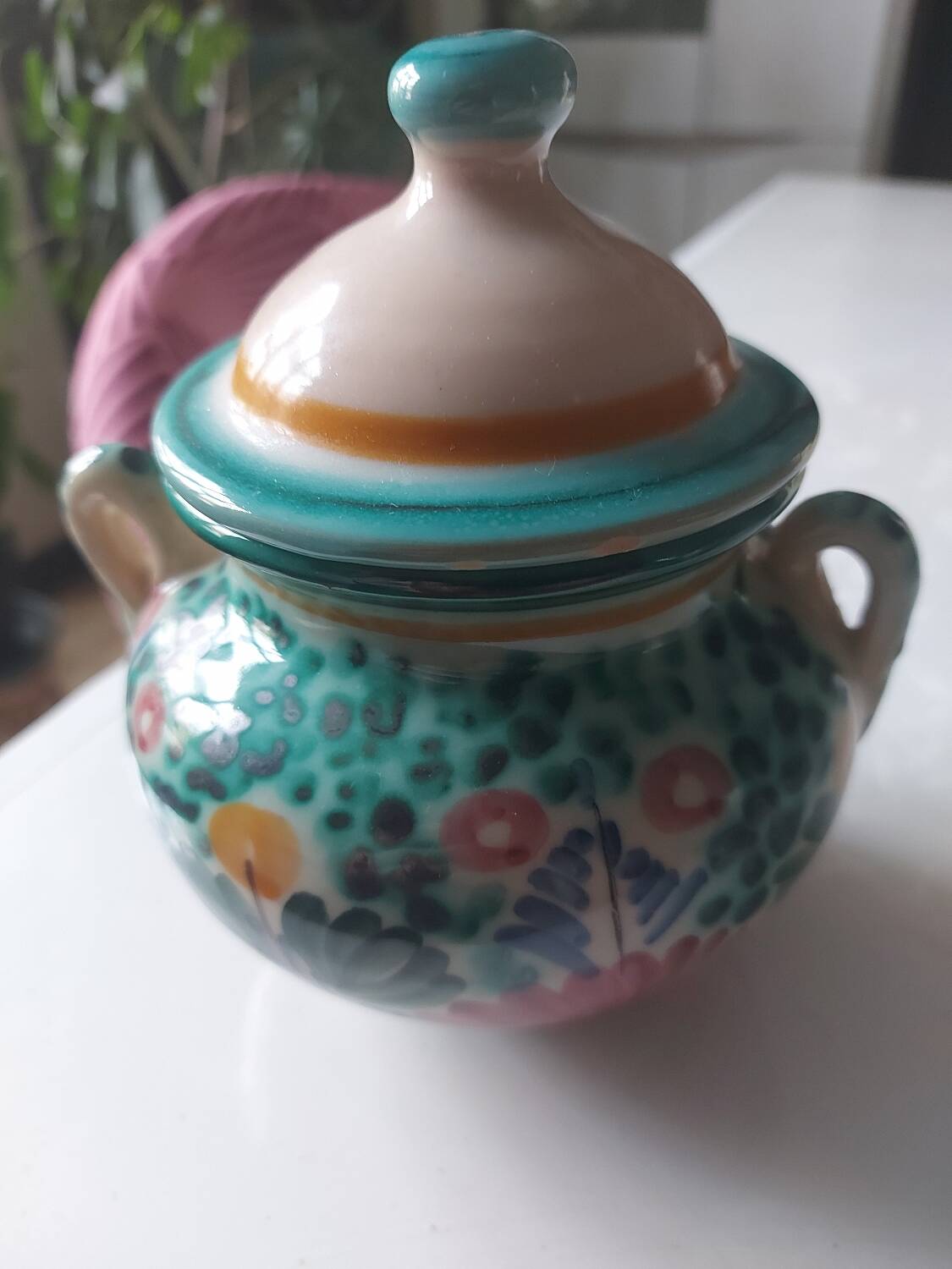 Vintage earthenware sugar bowl signed