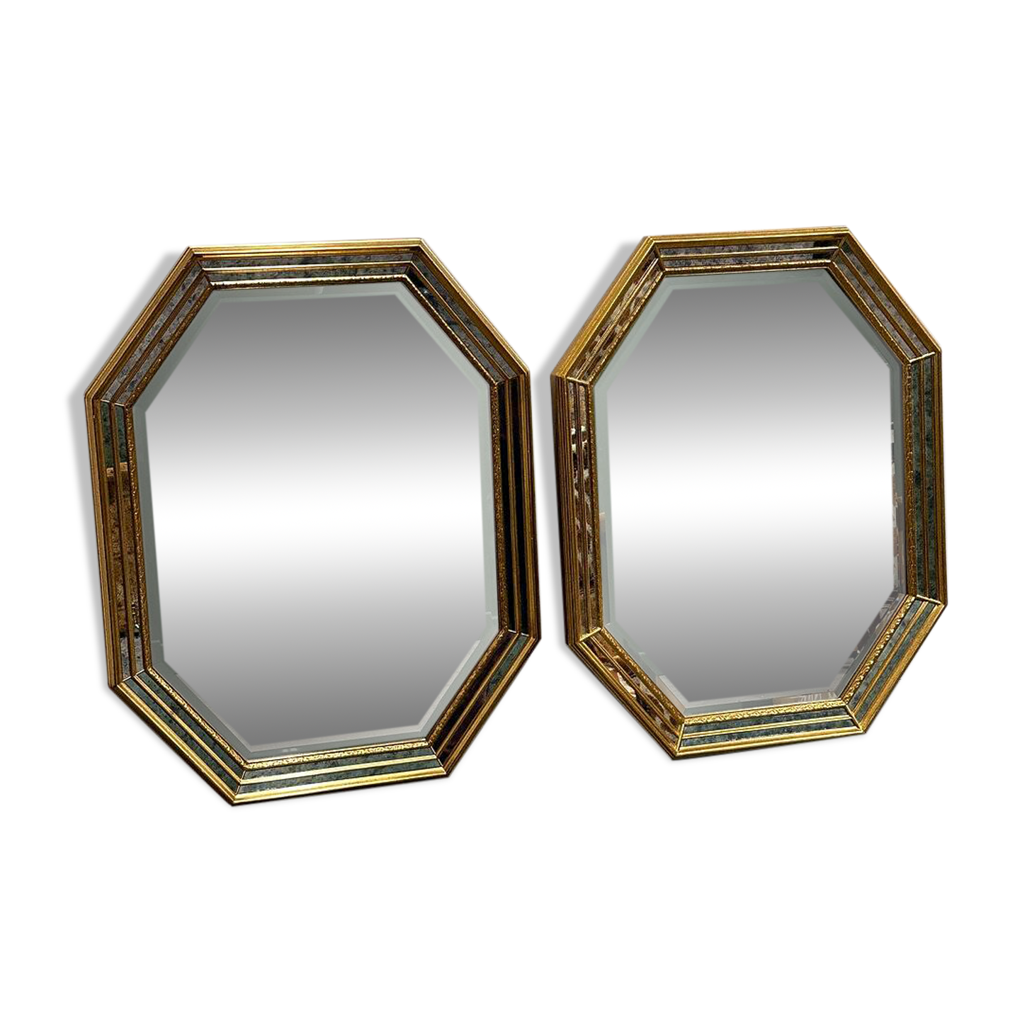 Pair gilt octagonal mirrors by Deknudt, vintage églomisé, Belgian 1970s, gold