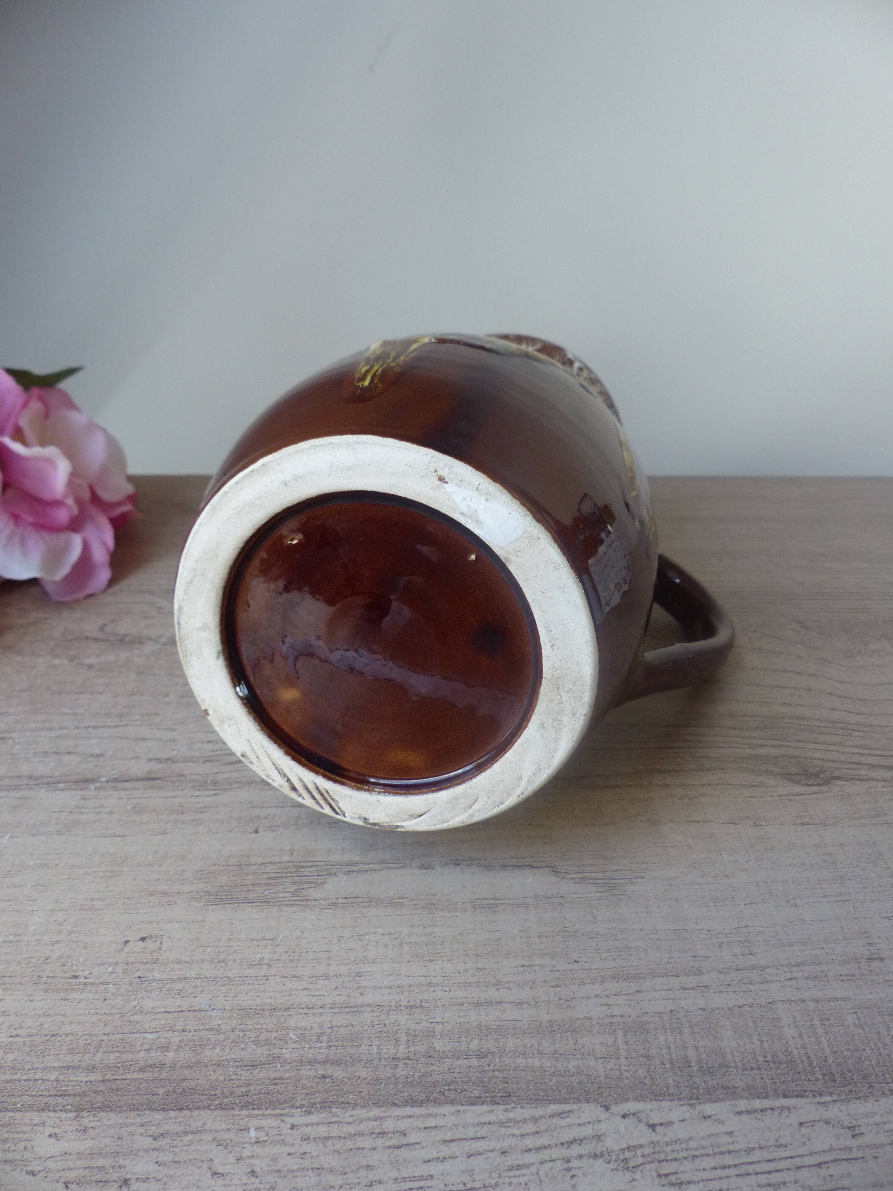 Old brown ceramic water jug pitcher, rustic country house pitcher 1970s