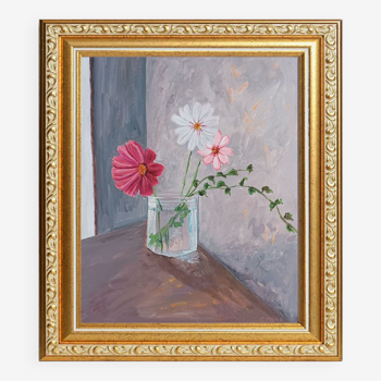 Painting, bouquet of cosmos in a jar of jam
