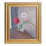 Painting, bouquet of cosmos in a jar of jam