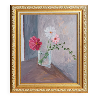 Painting, bouquet of cosmos in a jar of jam