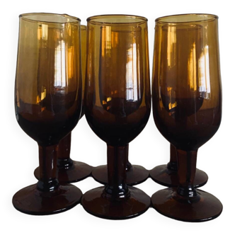 6 amber glasses or flutes 1960