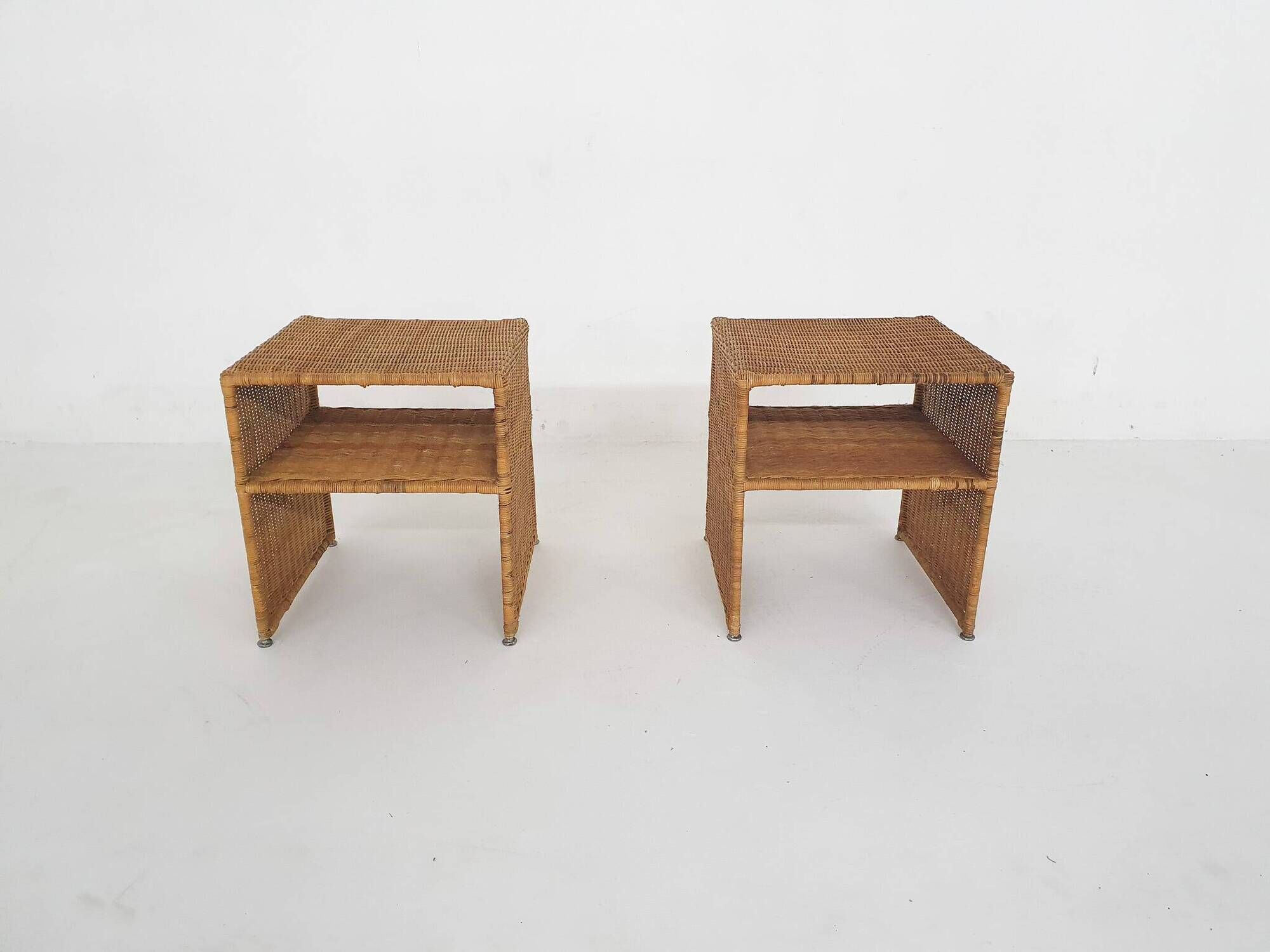 Set of two wicker bed side tables, France 1960's