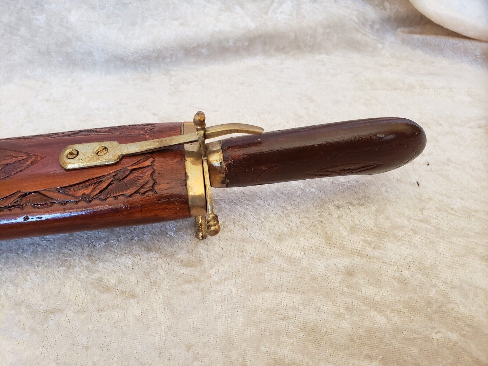 Vintage cutting service with knife and fork in wooden sheath