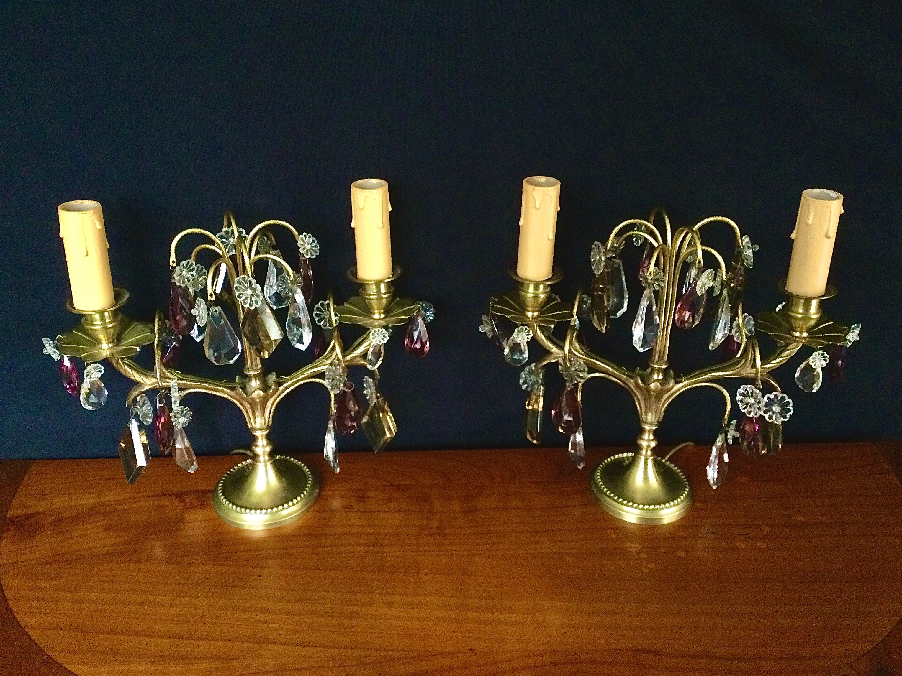 Pair of bronze and crystal girandoles