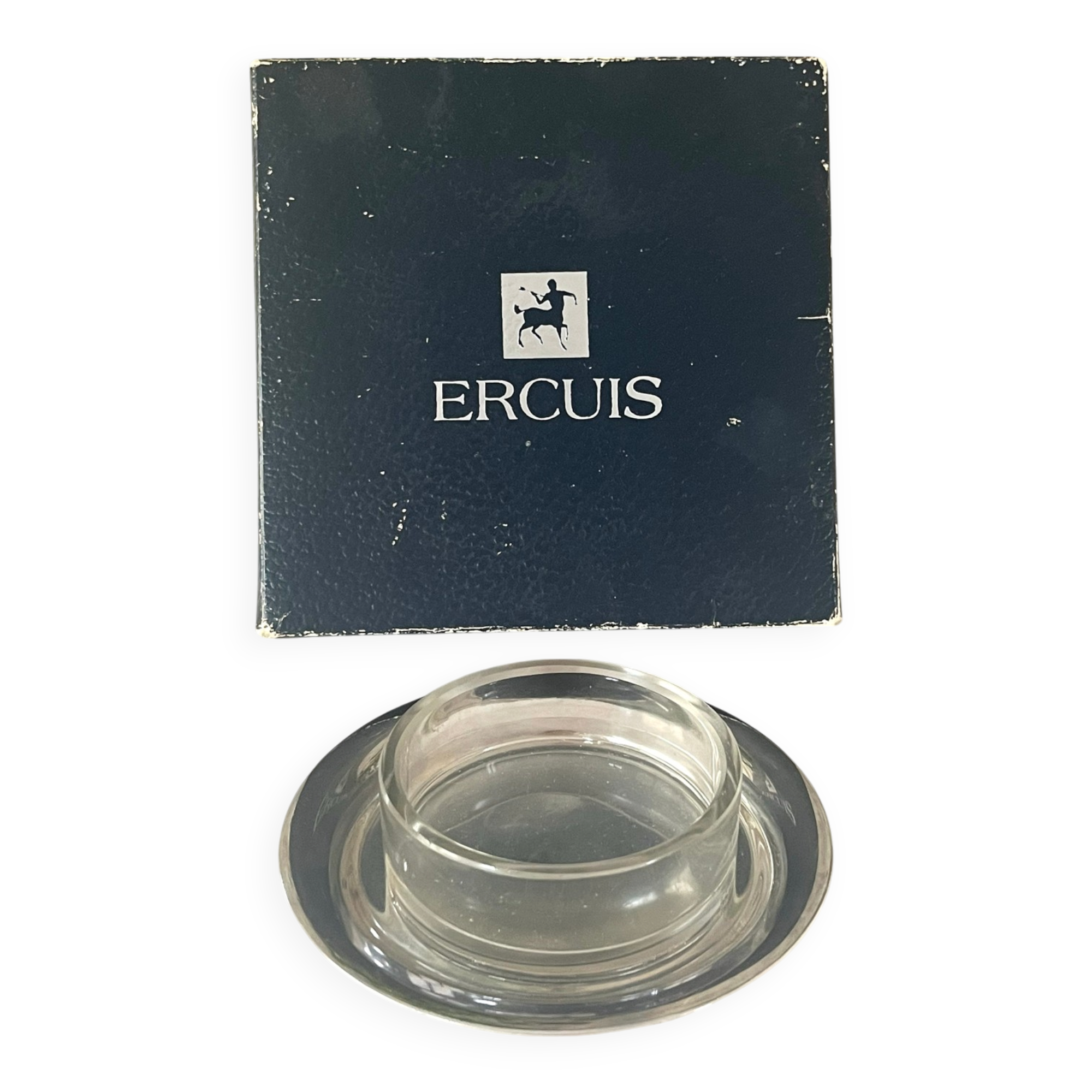 Silver plated butter dish with crystal insert by Ercuis, original box