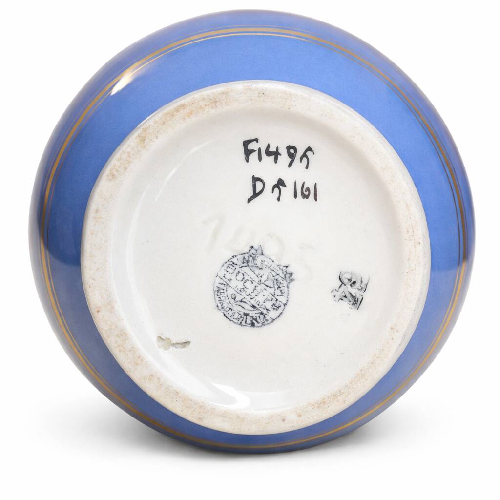 Art Deco round vase by Boch Frères Keramis, red flowers and blue bands.
