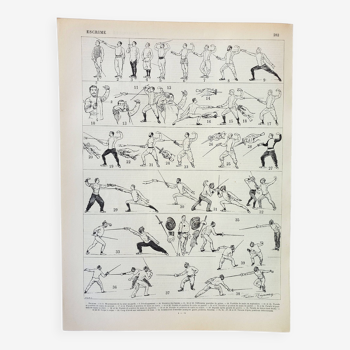 Gravure ancienne 1898, Escrime, combat, sport, épée • Lithographie, Planche originale