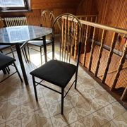 Vintage 1970s dining set in black & brass, wood and glass top - set of 5