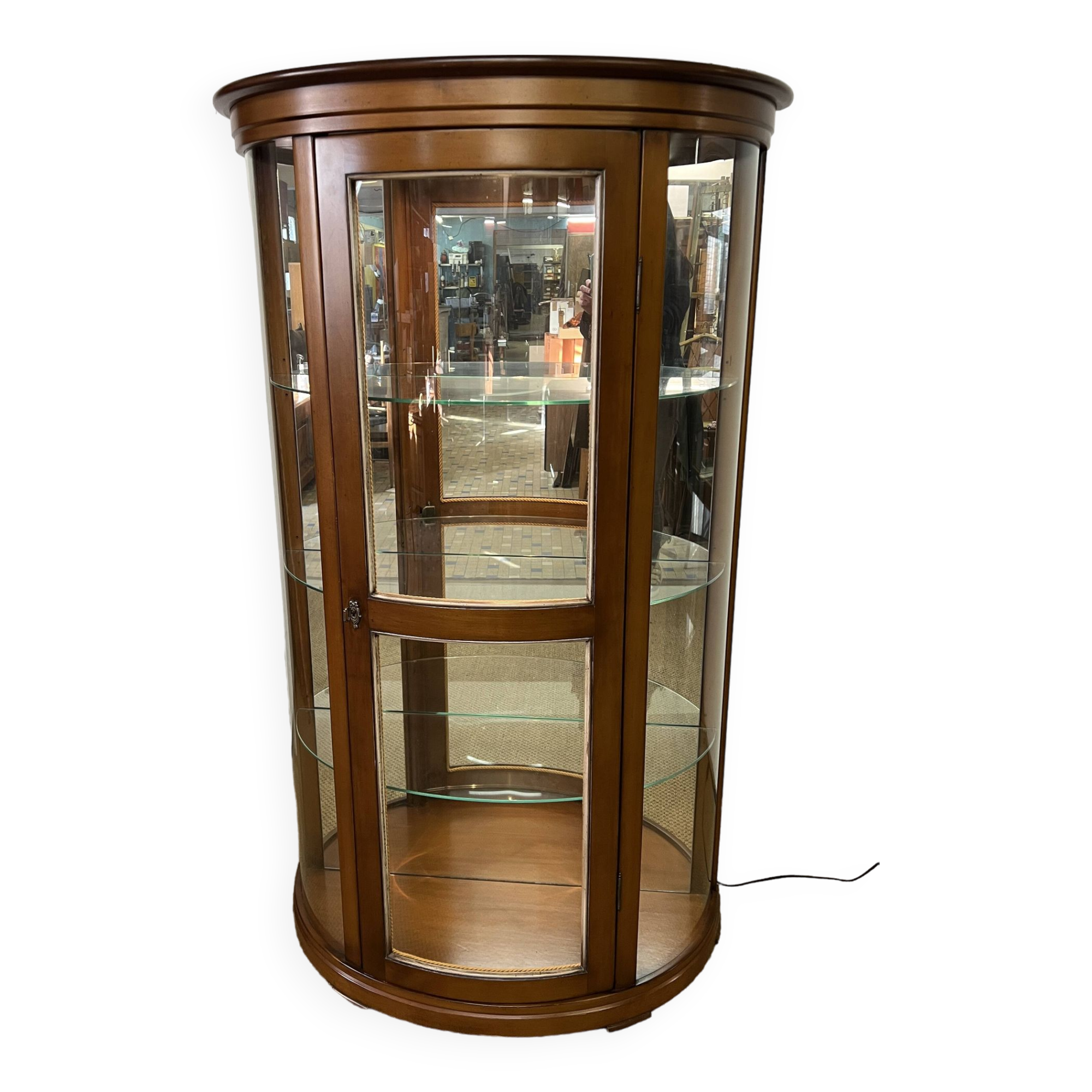 Wooden display case and half-moon mirror