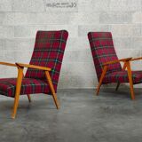 Pair of French beech armchairs from the 60s, tartan fabric