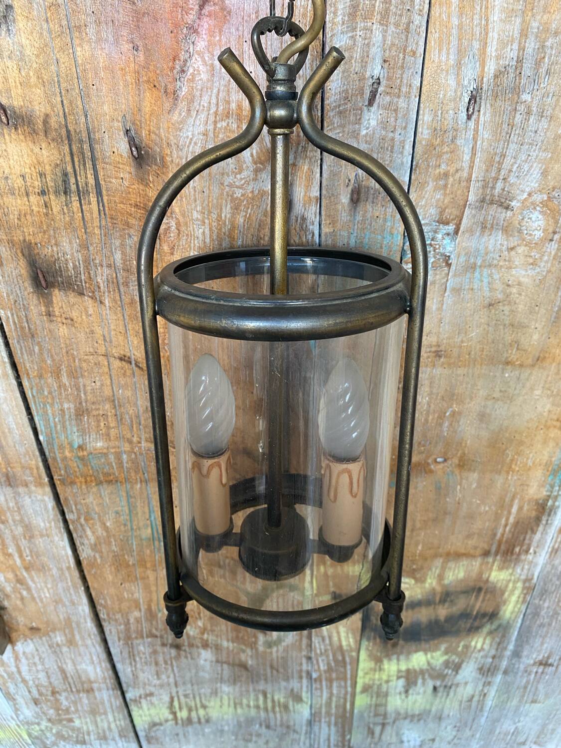 Antique brass lantern pendant light 2 lights + vintage glass cylinder
