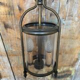 Ancienne suspension lanterne laiton 2 lumières + cylindre verre vintage